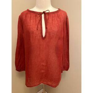Eileen Fisher 100% Linen Semi Sheer Tie Collar Blouse Brick Red Sz Small